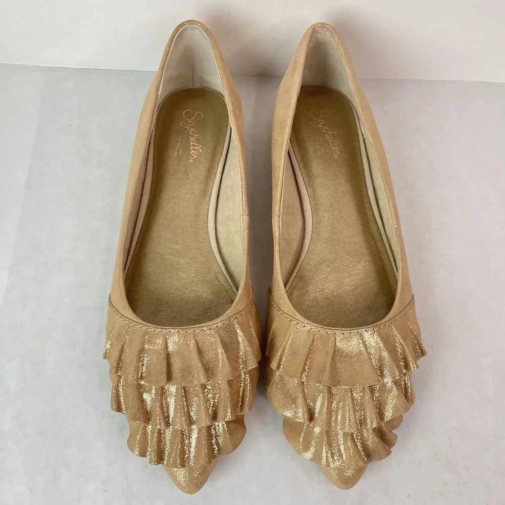 Seychelle Cottagecore Flats size 9 Downstage Gold Ruffle Tiered Shimmer Slip On